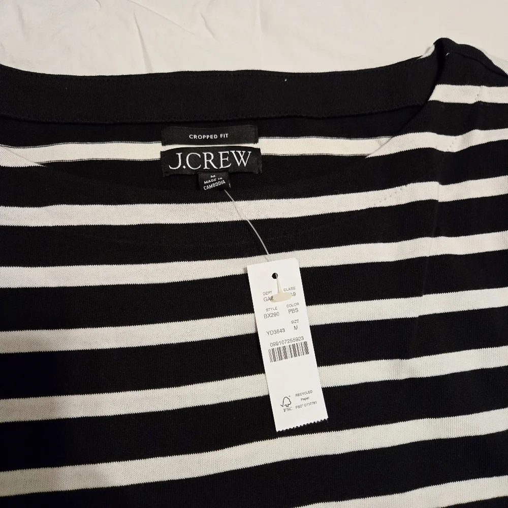 NWT J.CREW Cropped Boatneck T-shirt in Mariner Cotton, Medium, Black Stripe - Picture 2 of 4